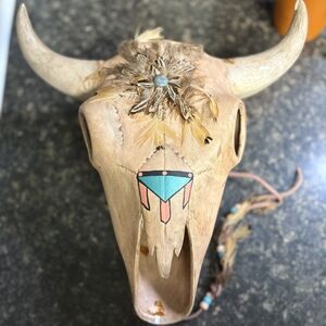 Decorative Bull Skull with Feathers and Beads